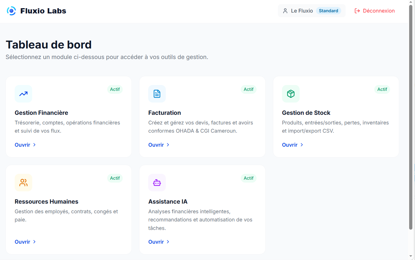 Tableau de bord Fluxio Entreprise
